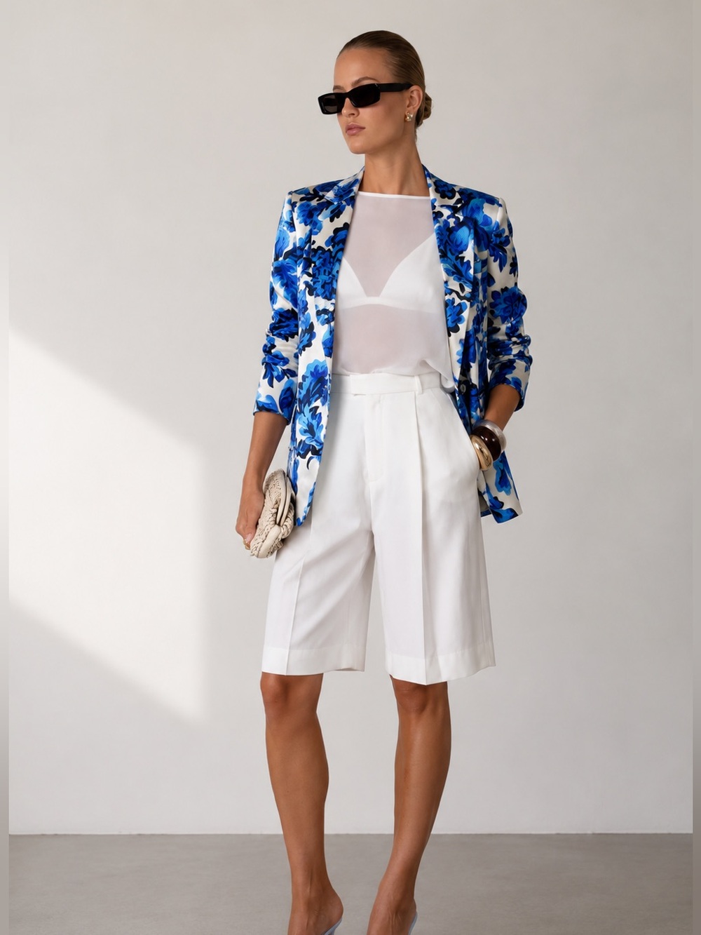 Christian Lacroix Satin White Blazer with Blue Floral Print